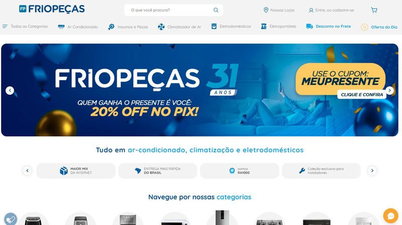 Página inicial do site da loja Friopeças