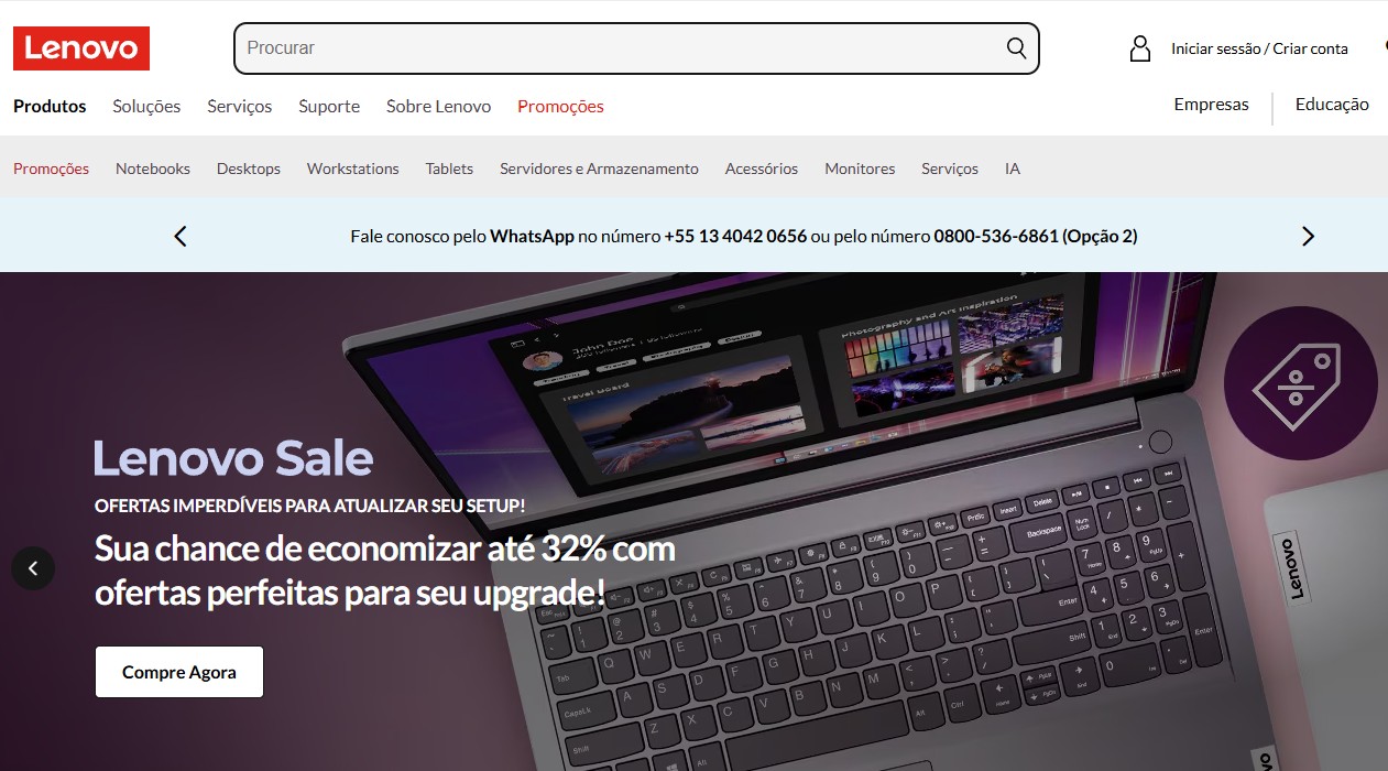Página inicial do site da loja Lenovo Brasil